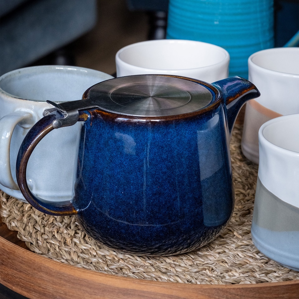 image 1 of Scandi Home 1L Bergen Blue Reactive Glaze Infuser Teapot with Stainless Steel Lid