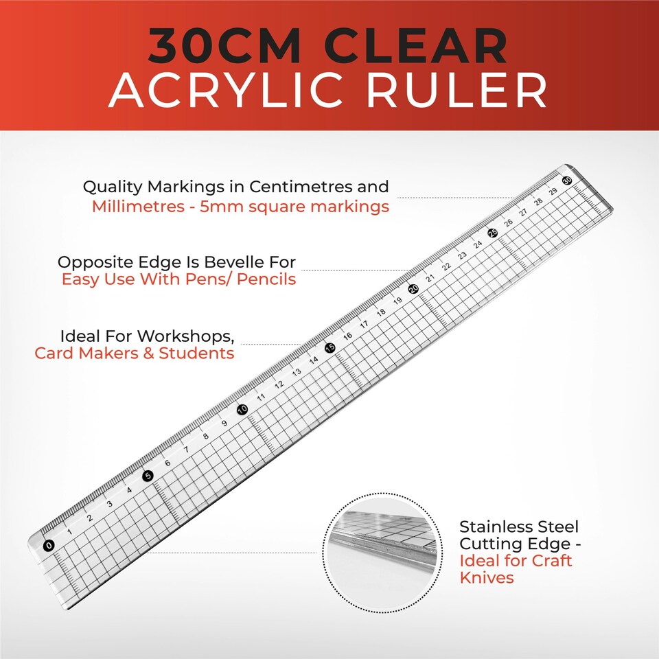 image 1 of Pack of 6 30cm Acrylic Cutting, Ruler with Steel Edge - Clear Transparent Crafts