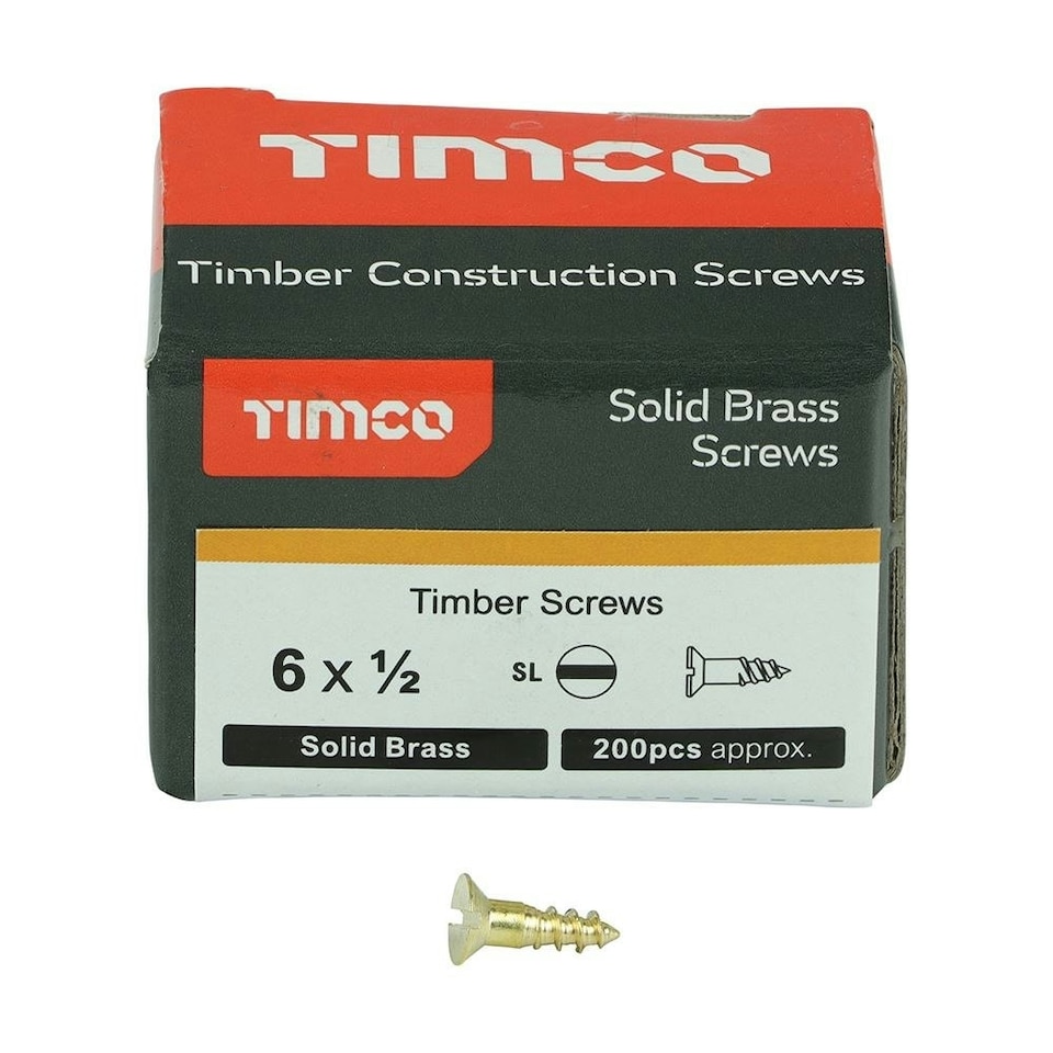 image 1 of Timco - Solid Brass Timber Screws - SLOT - Countersunk (Size 6 x 1/2 - 200 Pieces)