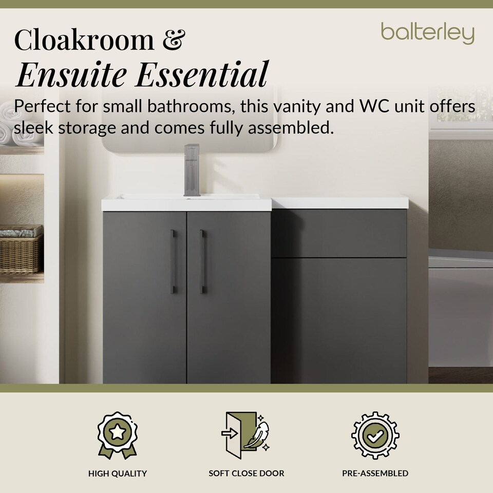 image 1 of Balterley Left-Hand Bathroom Vanity and WC Unit Combination with Basin, with Handles | Grey | Gloss Grey