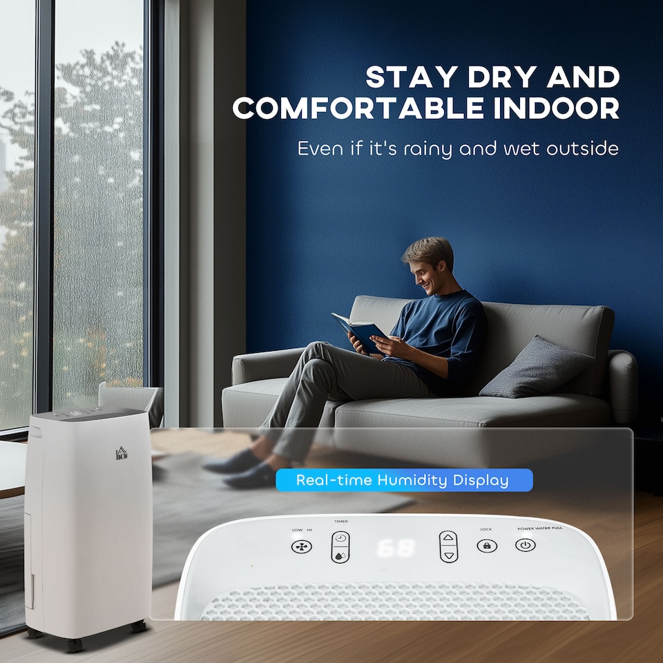 image 1 of HOMCOM 12LDay Dehumidifier with Continuous Drainage, 2.5L Water Tank, 24H Timer, Humidity Display, for Home Damp, Condensation, Mould and Laundry Drying, White