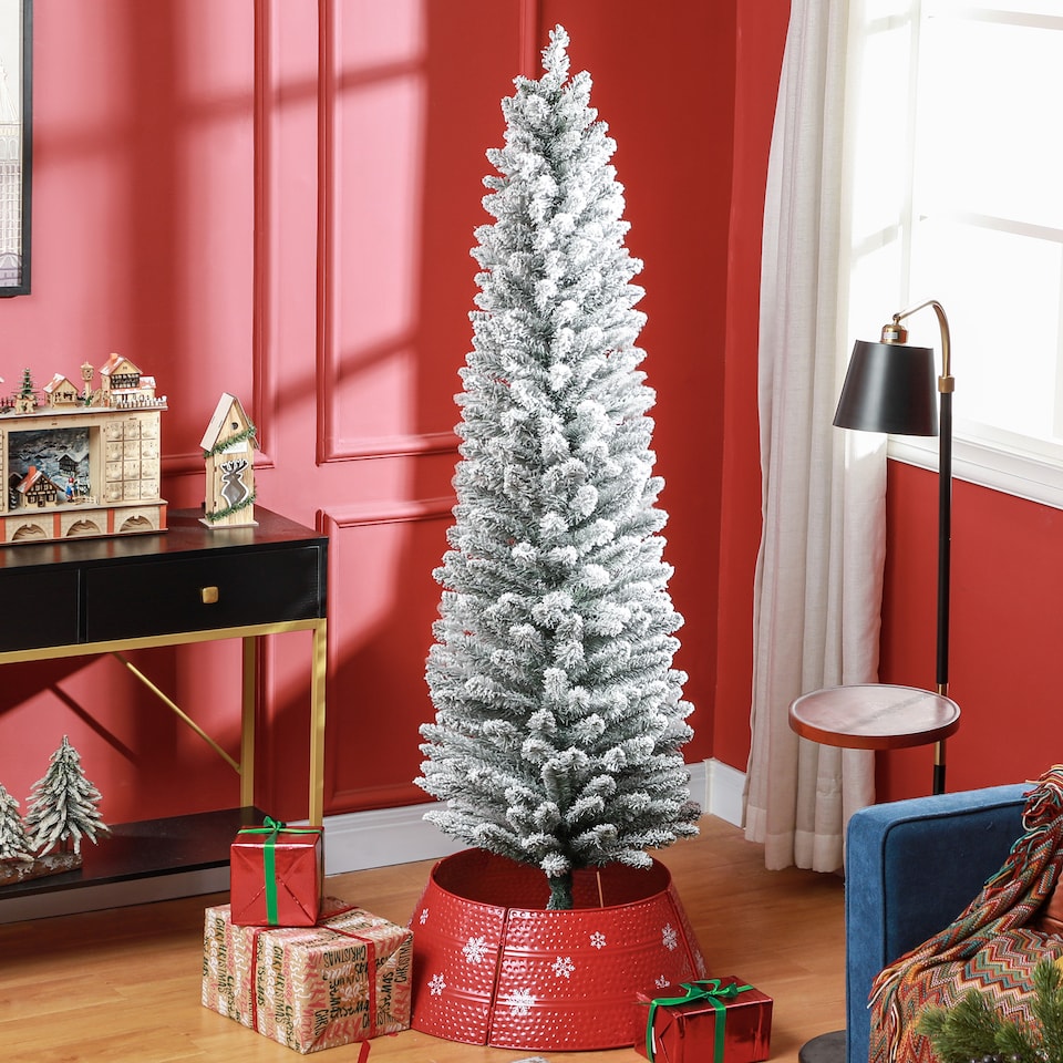 image 1 of HOMCOM 6ft Artificial Pencil Christmas Tree with 329 Snow Flocked Branches, Metal Base, Realistic mas Tree, White