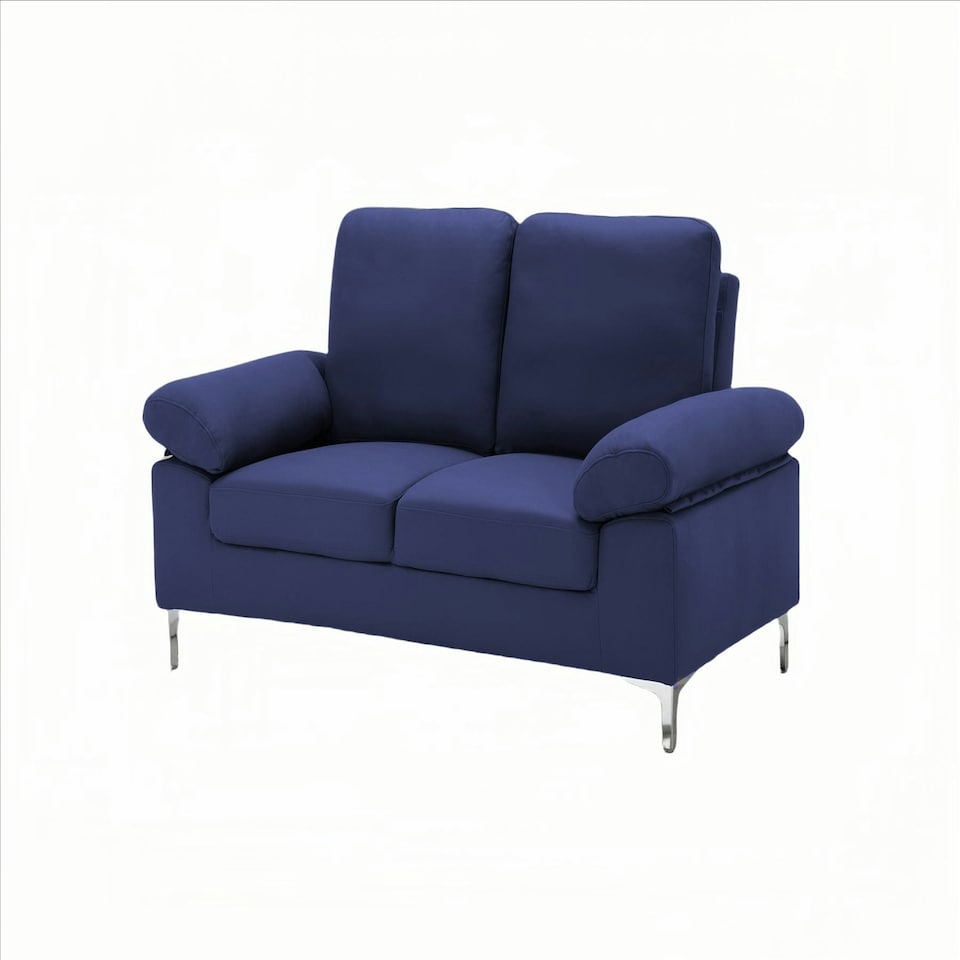 image 1 of Modern Two Seater Sofa Blue Fabric with Chrome Feet - Comfortable Couch with Cushion for Living Room, Bedroom or Office Blue