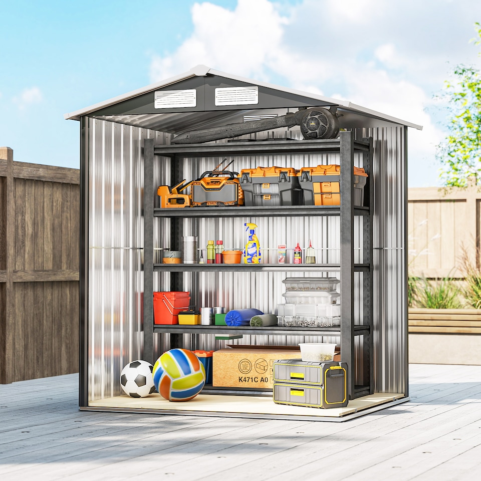 image 1 of Outsunny 5ft x 4ft Garden Metal Storage Shed, Tool Storage Shed with Sliding Door, Sloped Roof and Foundation Kit for Garden, Patio, Lawn, Grey