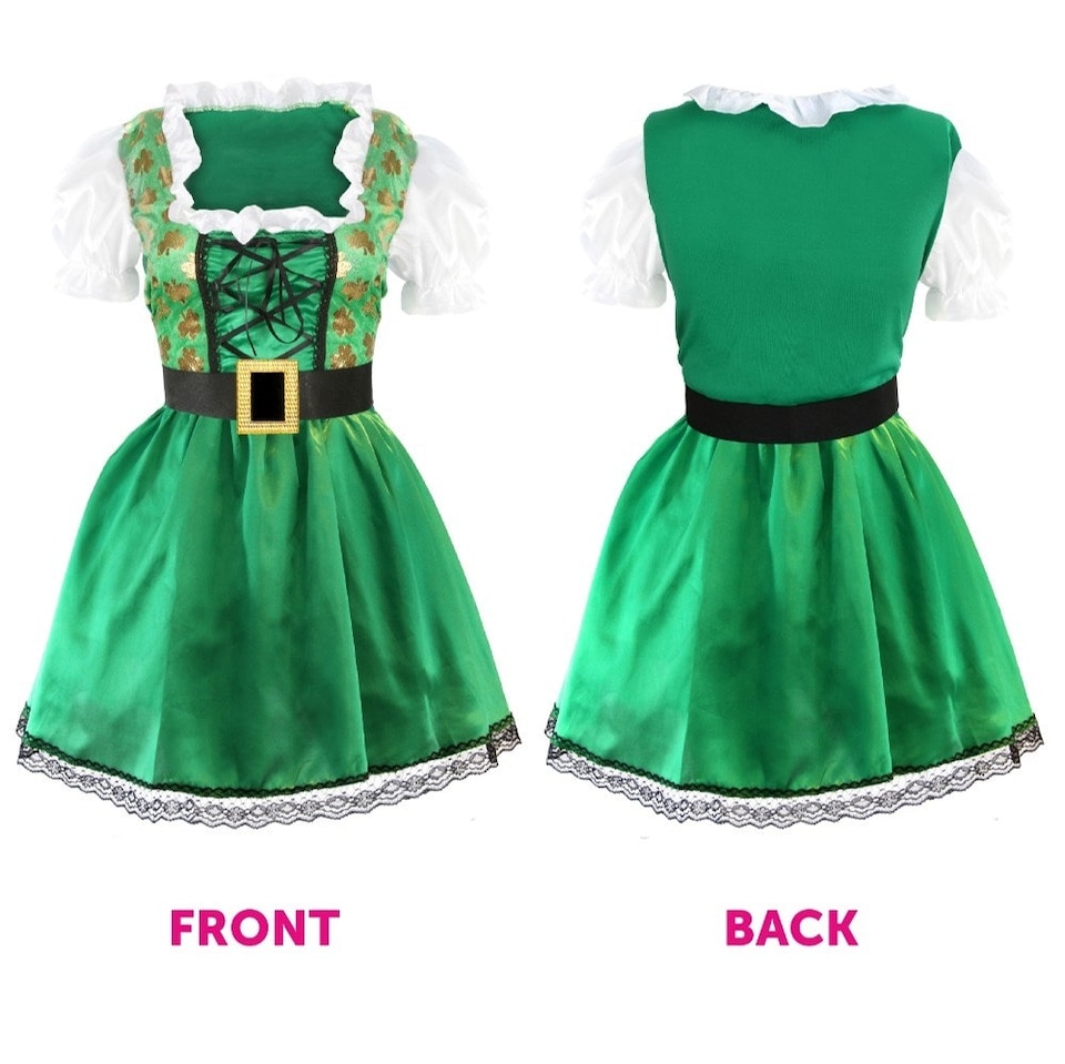 image 1 of Irish Maiden Dress with Fascinator Hat, Irish Flag, Tights | Green | 2XL