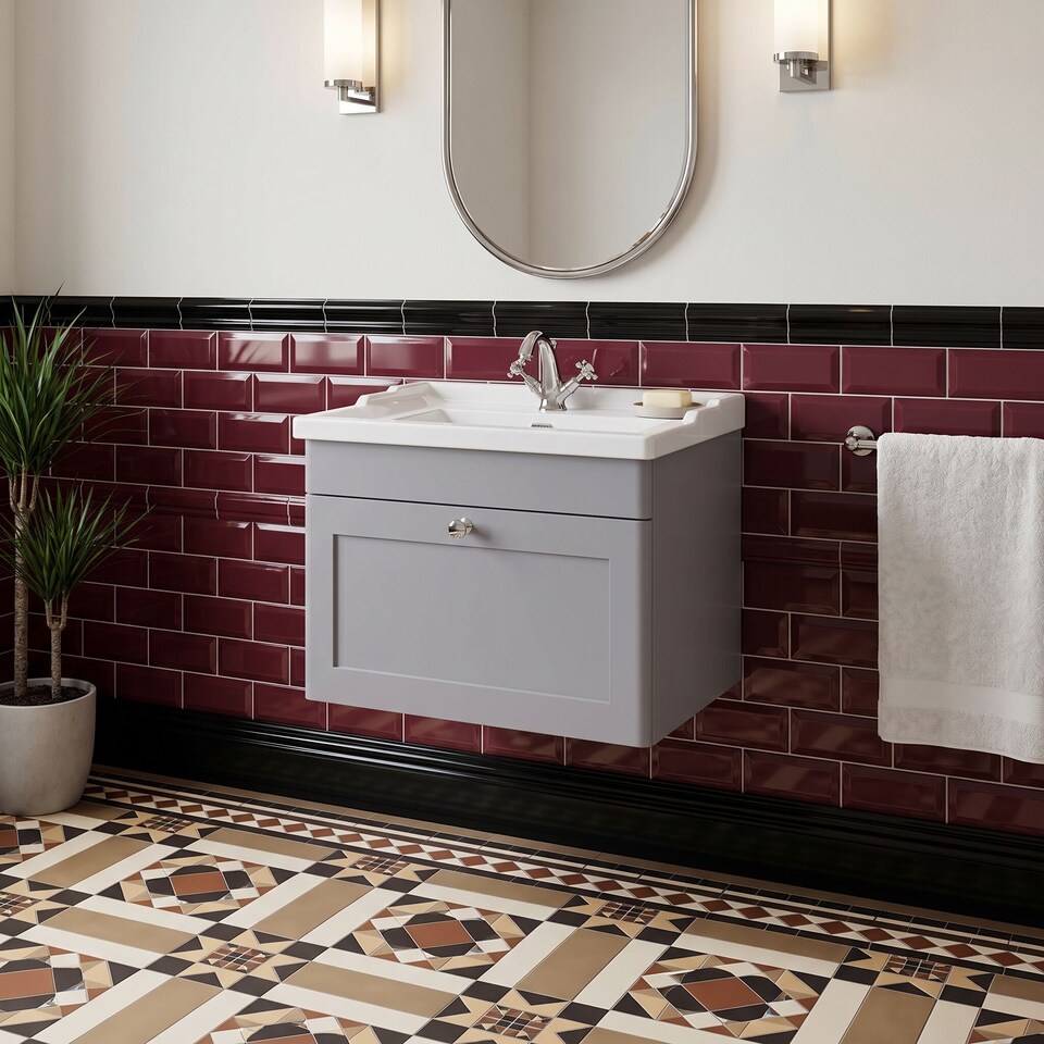 image 1 of Balterley Swynnerton Traditional 1 Drawer Wall Hung Vanity Unit with Basin, Satin Grey, 600mm