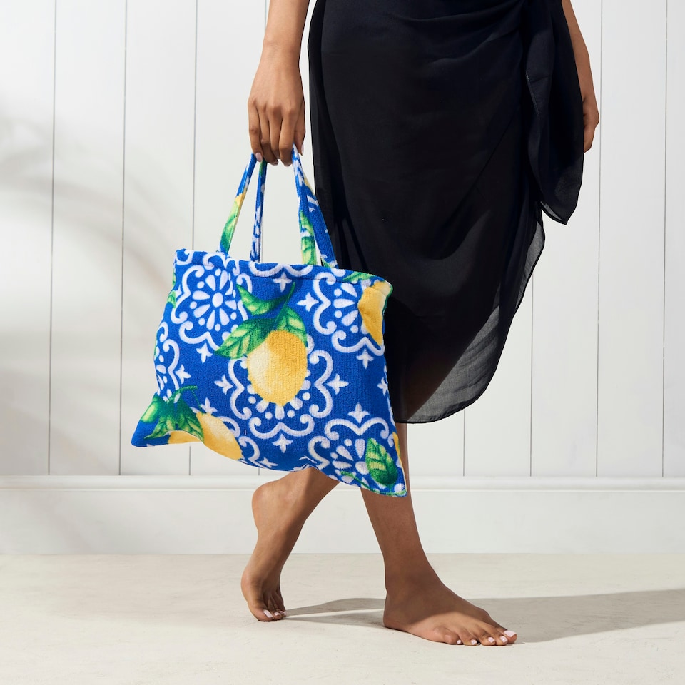 image 1 of OHS Lemon Tile Print Microfibre Quick Dry Spa Bath Beach Chair Cover Towel Bag Blue