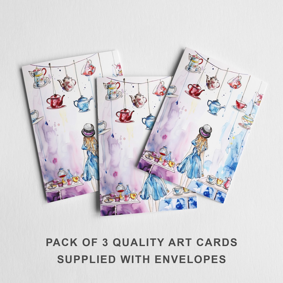 image 1 of Alice Mad Hatter Tea Party Greeting Card Any Occasion Set of 3 Blank Inside