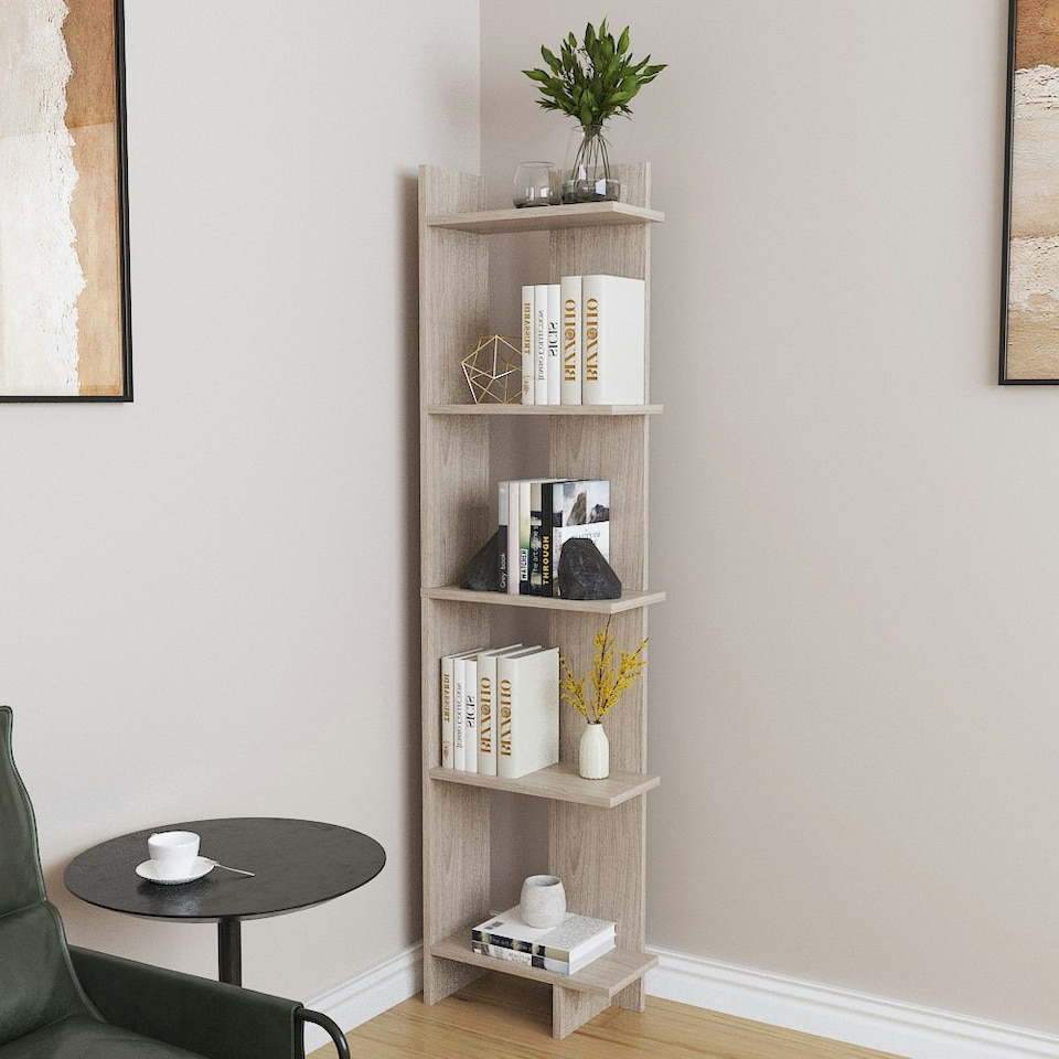 image 1 of Living and Home Modern 5-Tier Corner Bookshelf Shelf Unit - Maple Wood