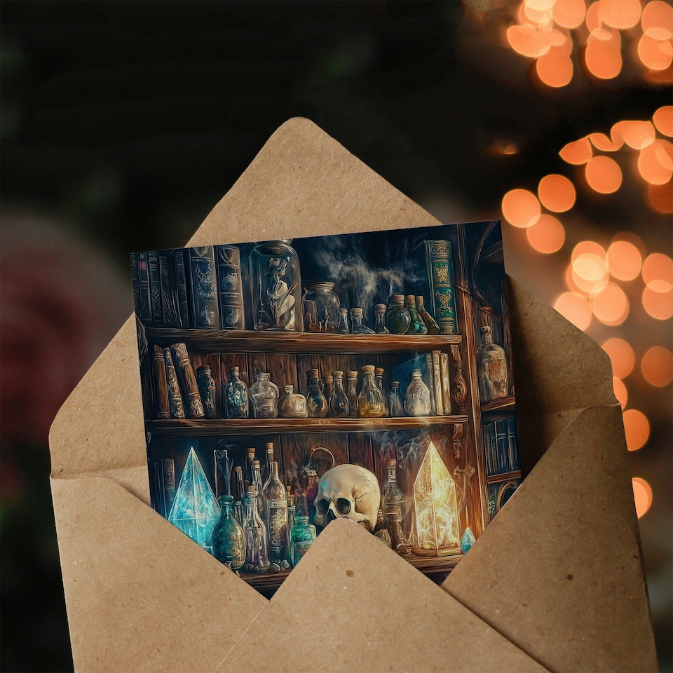 image 1 of Alchemist Bookshelf Skull Magic Crystals Potions Birthday Greeting Card