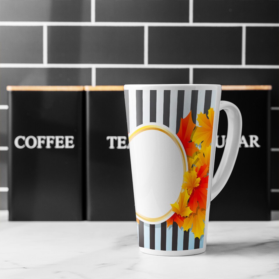 image 1 of Orange & Red Autumn Leaves On Black Stripes Latte Mug
