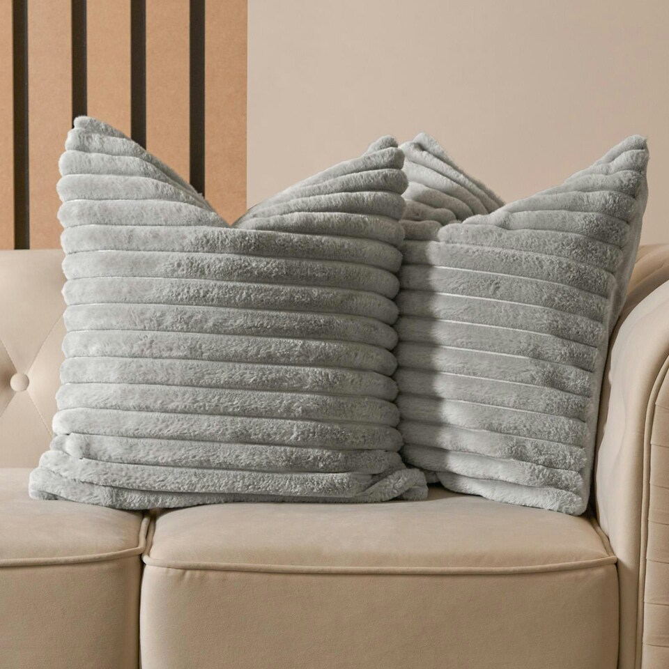 image 1 of OHS 2 x Faux Fur Matte Velvet Fleece Thick Ribbed Cushion Covers, 45x45cm - Grey