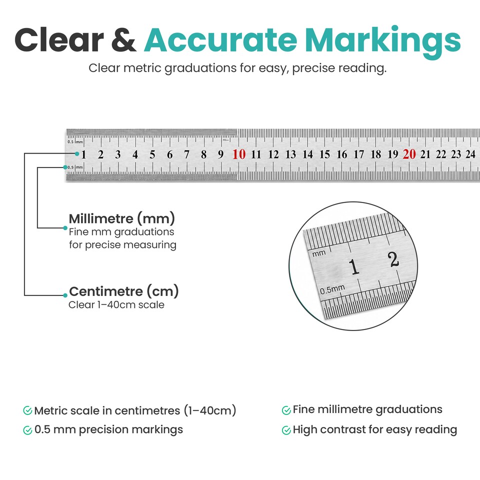 image 1 of Stainless Steel Ruler, 2-Side Measuring Steel Ruler CM & Inches - 40cm