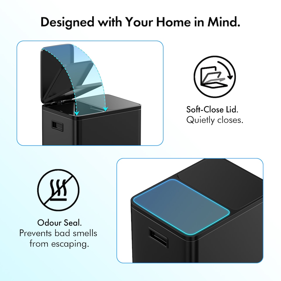 image 1 of VonHaus Cream 30L Waste & Recycling Kitchen Bin, 2 x 15L Black Compartment Pedal Bin w/ Non Slip Base, Removable In-Bins | Black | Matte Black | 45L