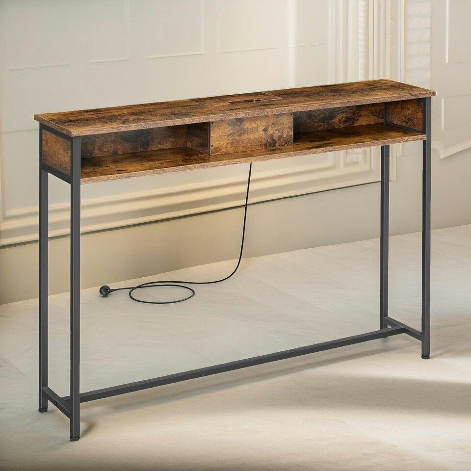 image 1 of Hallway Console Table With Charging Station Rustic Brown Brown