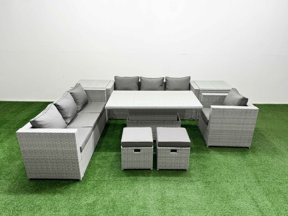 image 1 of Fimous 8 PCs Rising Dining Table Set Rattan Furniture Set with 3 Seater Sofa Chair 2 Small Footstools 2 Side Tables Light Grey