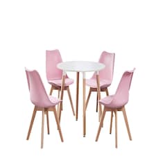 5PCs Dining Set - a White Round Dining Table & Set of 4 White Lorenzo Tulip chairs with Padded Seat | Pink