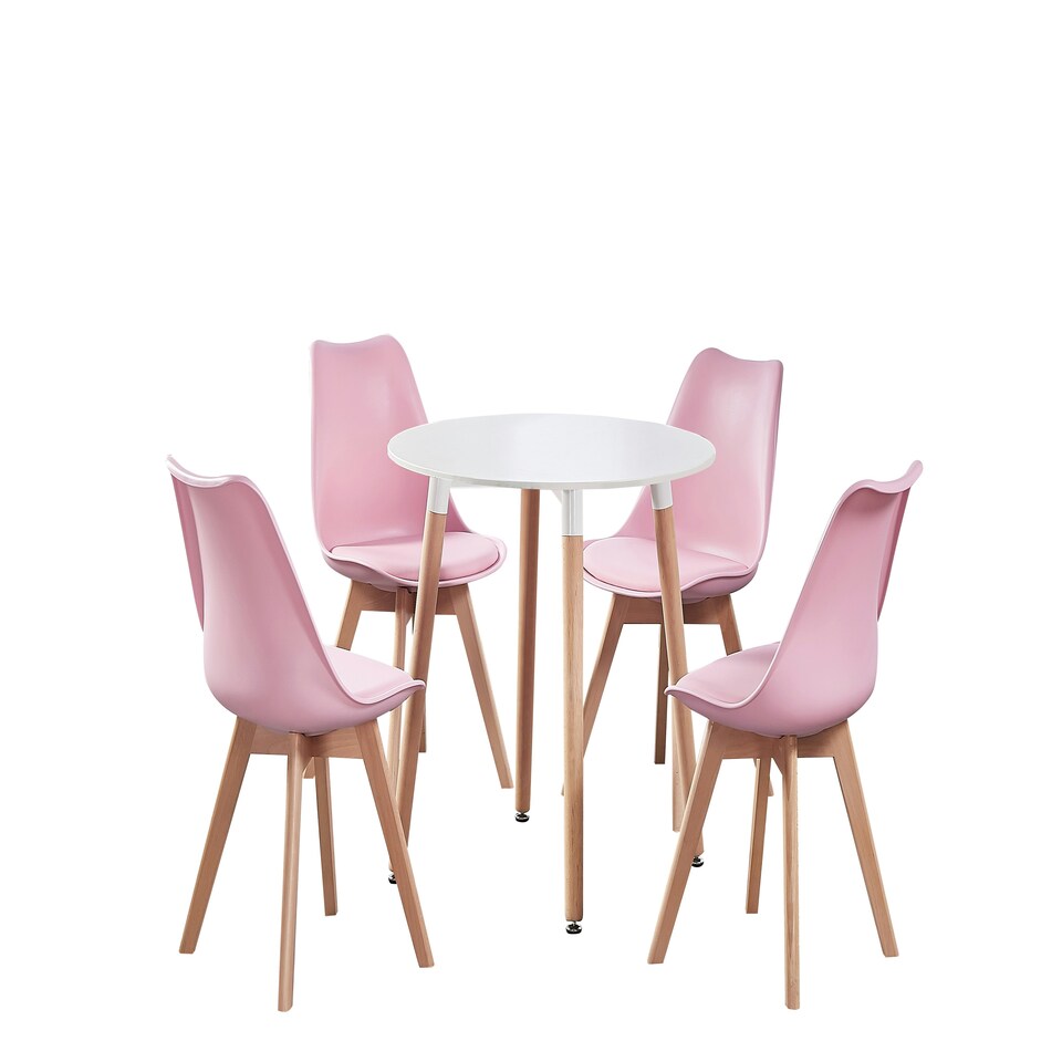 image 1 of 5PCs Dining Set - a White Round Dining Table & Set of 4 White Lorenzo Tulip chairs with Padded Seat | Pink