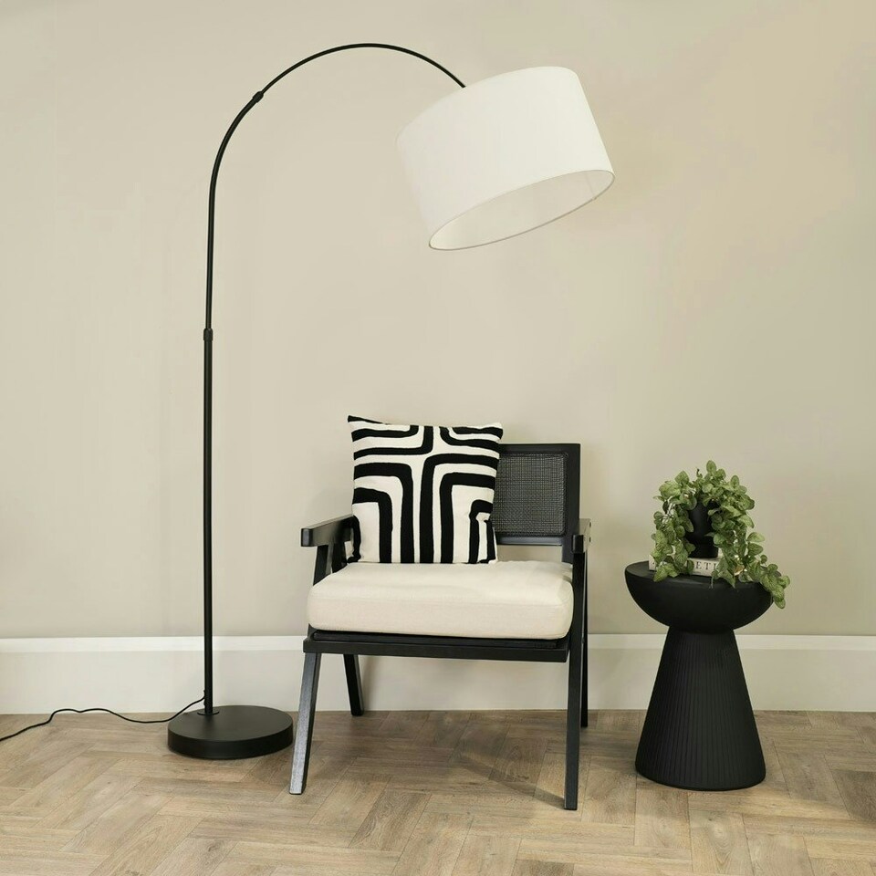 image 1 of ValueLights Louis Black Arched Curved Floor Lamp with White Fabric Drum Lamp Shade and LED Bulb White