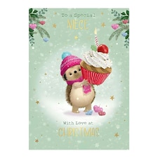 Words 'n' Wishes Christmas Card Niece Cute Hedgehog Character Holding Cupcake