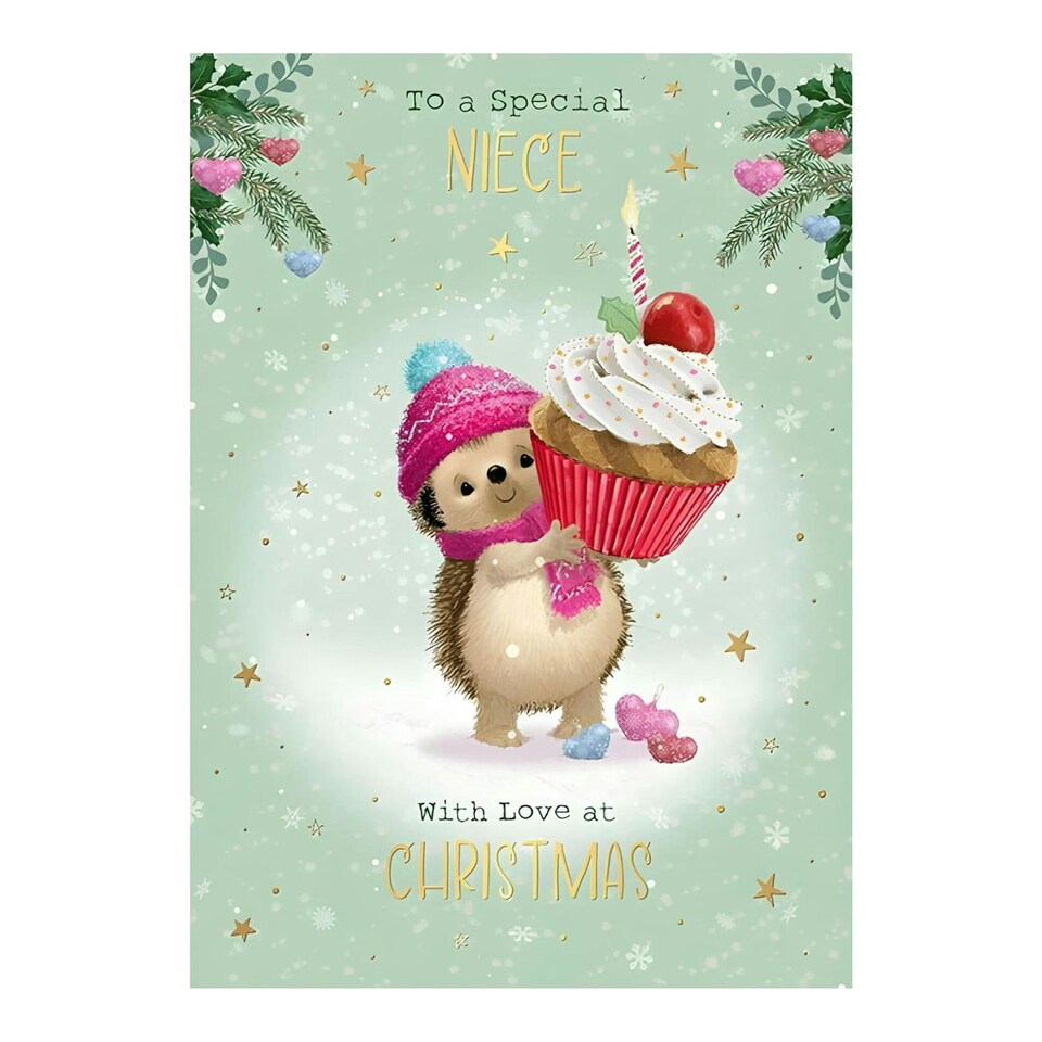 image 1 of Words 'n' Wishes Christmas Card Niece Cute Hedgehog Character Holding Cupcake