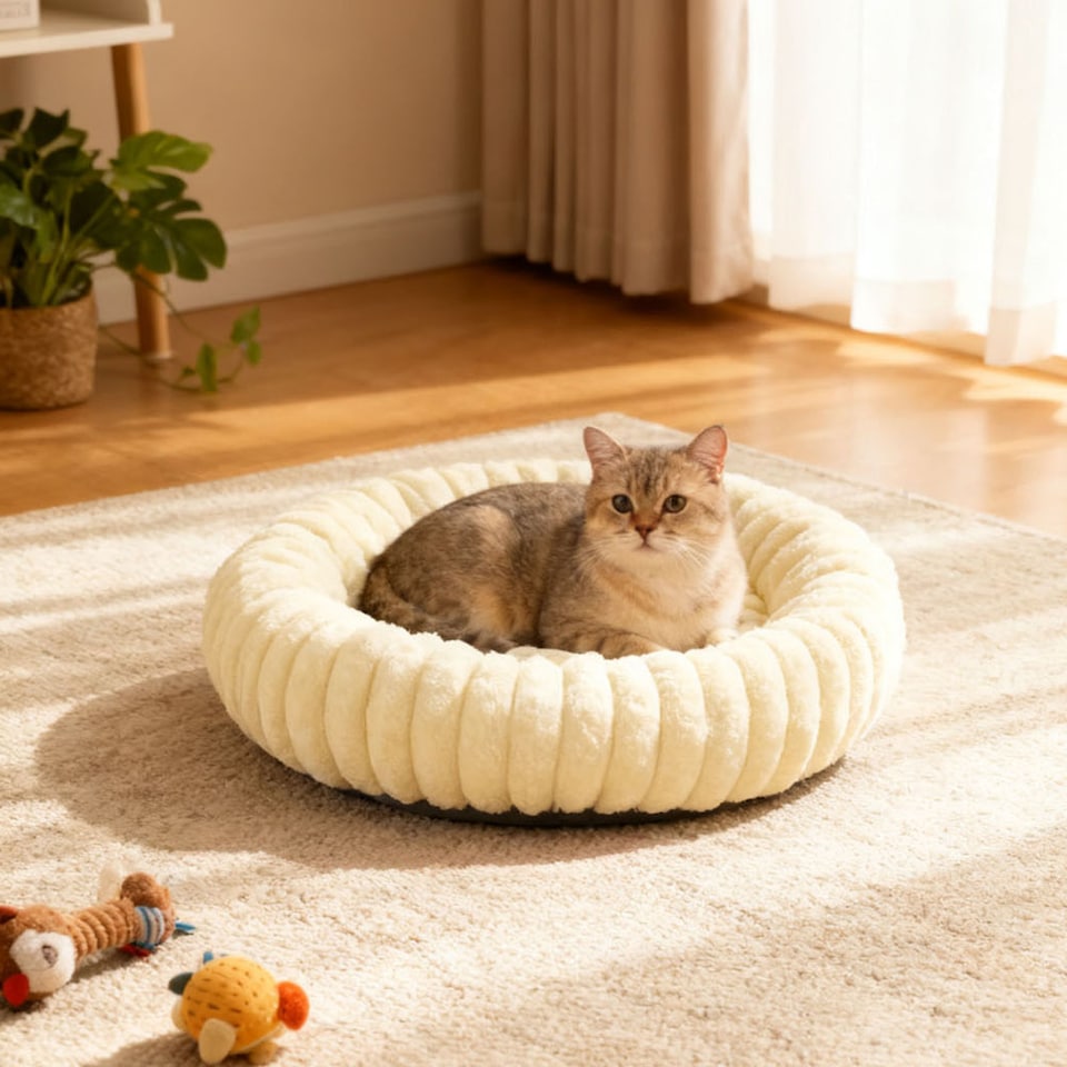 image 1 of Living and Home 6 Colour Soft Donut Pet Bed for Cats & Dogs,Warm & Cosy Retreat | Yellow | Pastel Yellow | M