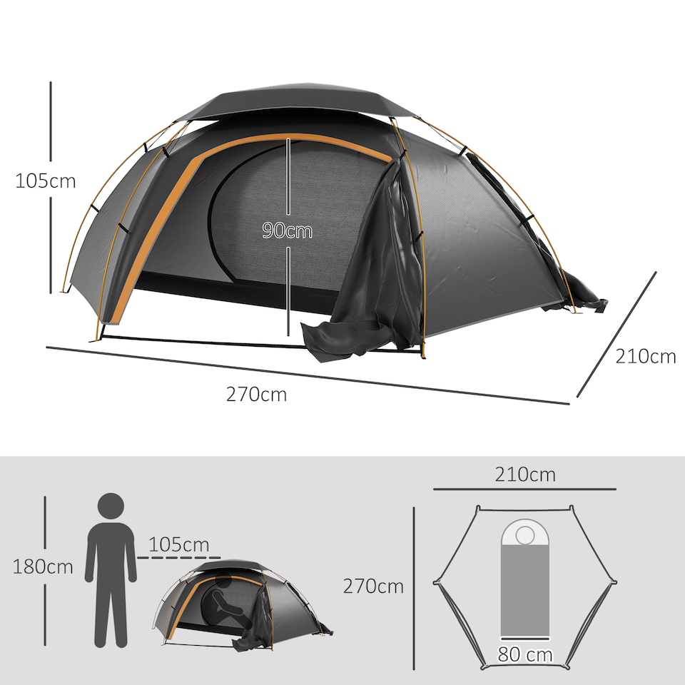 image 1 of Outsunny Camping Tent Dome Tent with Removable Rainfly for 1-2 Man, Grey