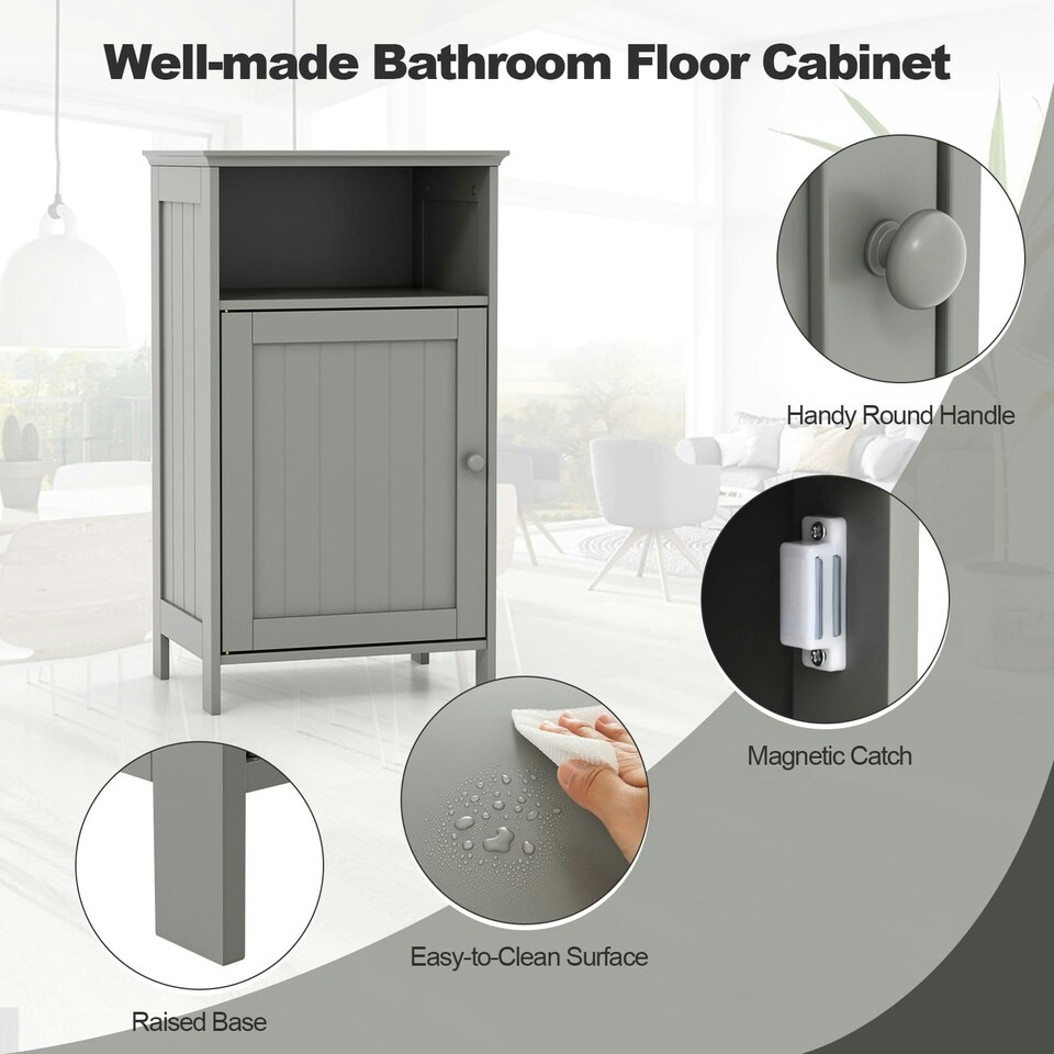 image 1 of COSTWAY Bathroom Floor Cabinet Single Door w/Shelf Grey Grey