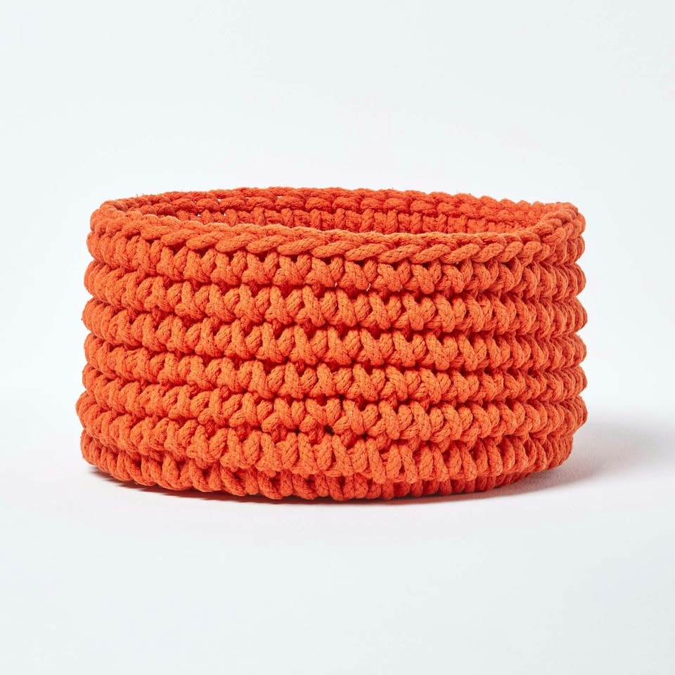 image 1 of Homescapes Burnt Orange Cotton Knitted Round Storage Basket - 37 x 21 cm Orange | M