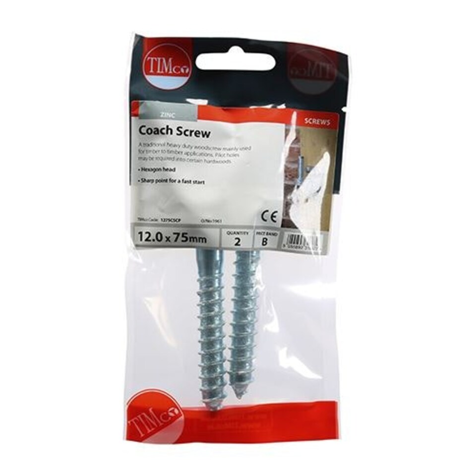 image 1 of Timco - Coach Screws - Hex - Zinc (Size 12.0 x 75 - 2 Pieces)