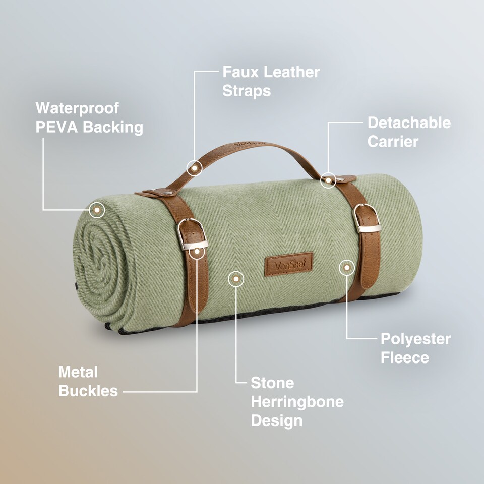 image 1 of VonShef Picnic Blanket - Green Herringbone