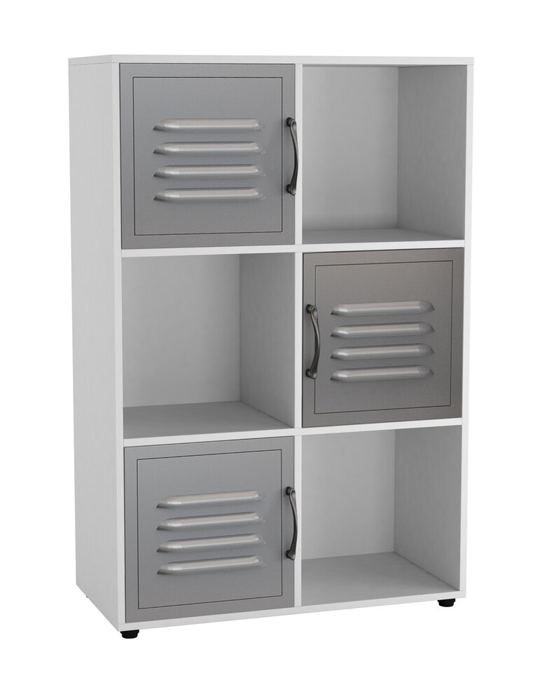 image 1 of 6-Cube Shelving Unit With Metal Doors | White | White & Grey | 1