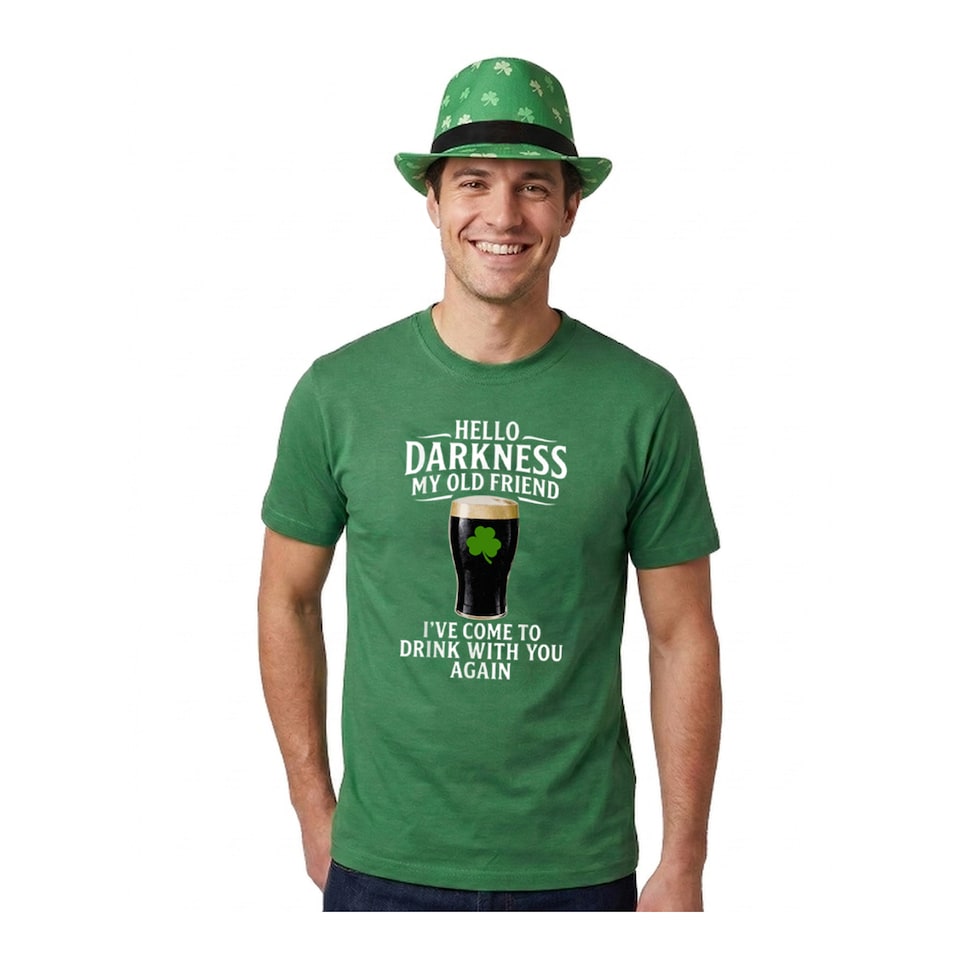 image 1 of St Patricks Green Tshirt with Hello Darkness in White & Irish Trilby | Green | XL