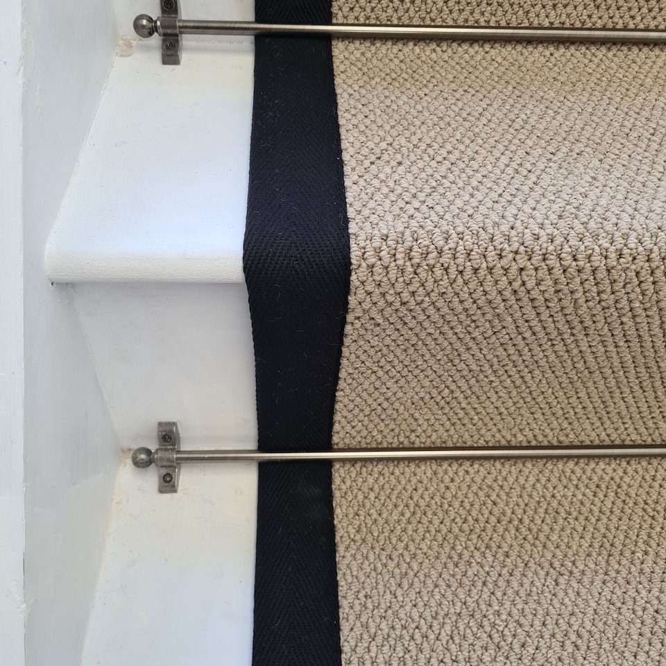 image 1 of Angel Dark Beige Stair Runner with 100% Cotton Black Border