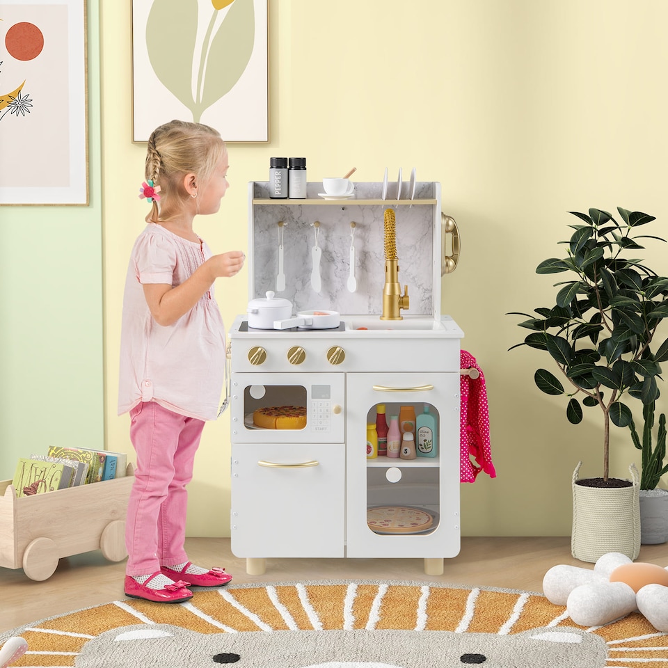 image 1 of COSTWAY Kids Kitchen Set Wooden Pretend Play Kitchen with Stoves & Sink-White