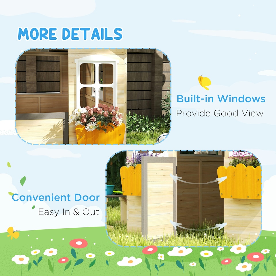 image 1 of Outsunny Wooden Kids Playhouse w/ Door, Windows, Bench, For Ages 3-7 Years