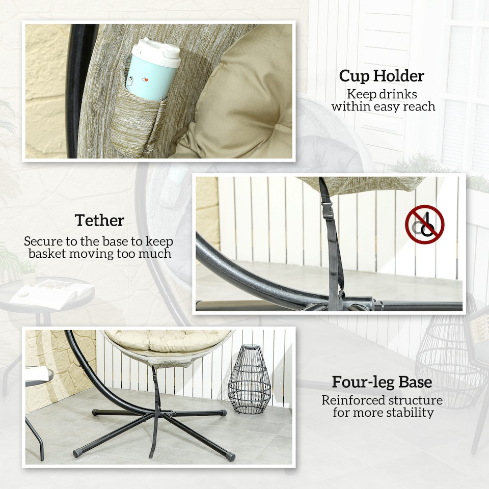 image 1 of Outsunny Hanging Egg Chair Outdoor Indoor Swing Chair, Folding Basket, Khaki