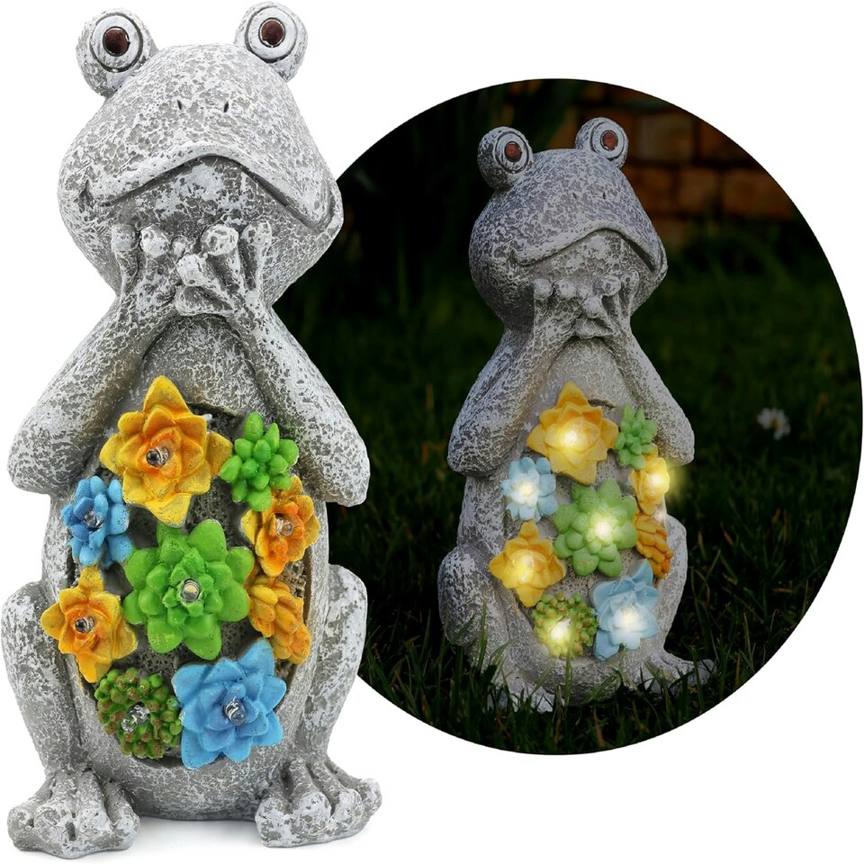 image 1 of Pack of 3 Solar Frog Garden Ornament Grey | One Size