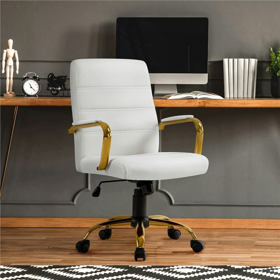 image 1 of Yaheetech Mid-Back Office Chair with Gold Frame White | White