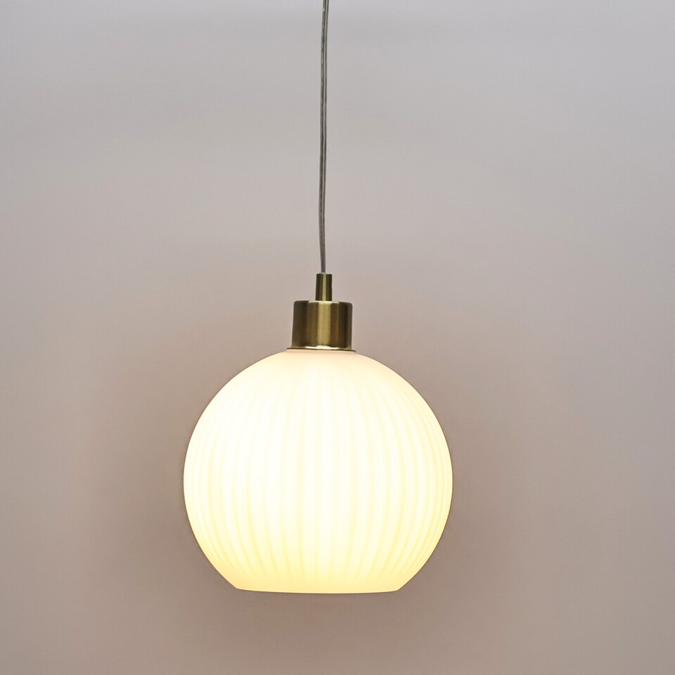 image 1 of Set of 2 Betchley - White Ribbed Glass Globe with Satin Brass Pendants | White | White glass with satin brass plate detail | Small | 2