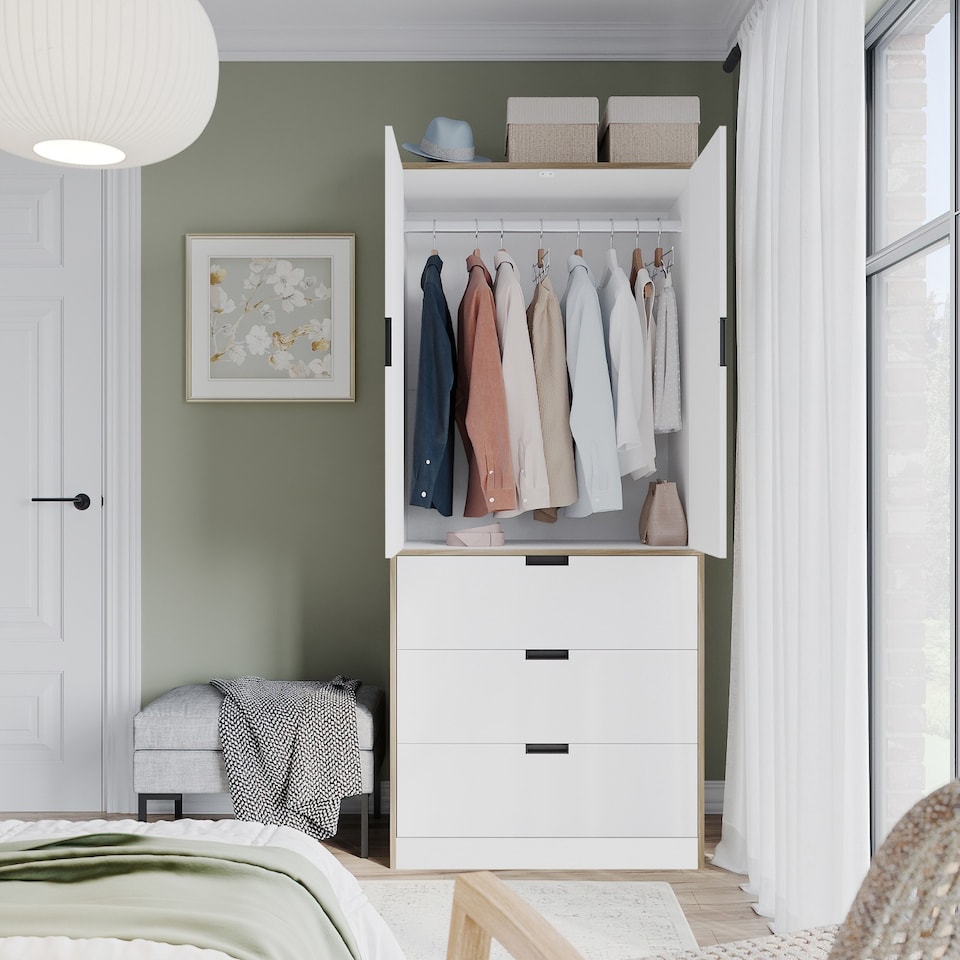 image 1 of 2 Door 3 Drawer Wardrobe with Hanging Rail - Modern Bedroom Storage Furniture | Brown | White Doors | One Size | 1