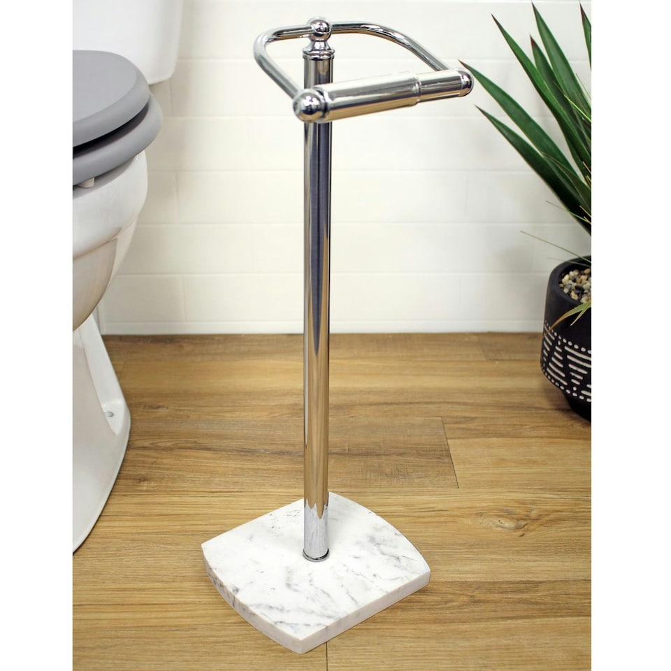 image 1 of Showerdrape Octavia White Marble & Chrome Freestanding Toilet Roll Holder