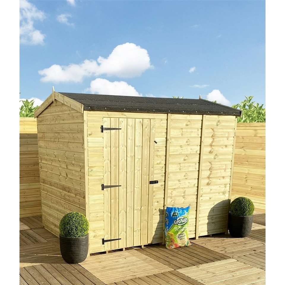 image 1 of 14 x 8 REVERSE Windowless Pressure Treated Tongue And Groove Single Door Apex Shed + High Eaves (14' x 8') / (14ft x 8ft) (14x8)