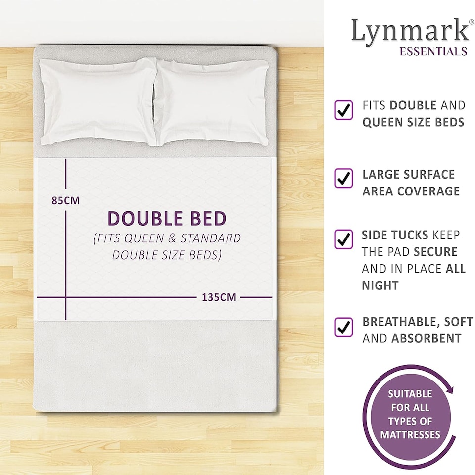 image 1 of Lynmark 2x Waterproof Bed Protector with Tuck-In Flaps, Absorbs Up to 2000ml, 135x85cm (Tucks 85x45cm) | White | 2 pack | 2