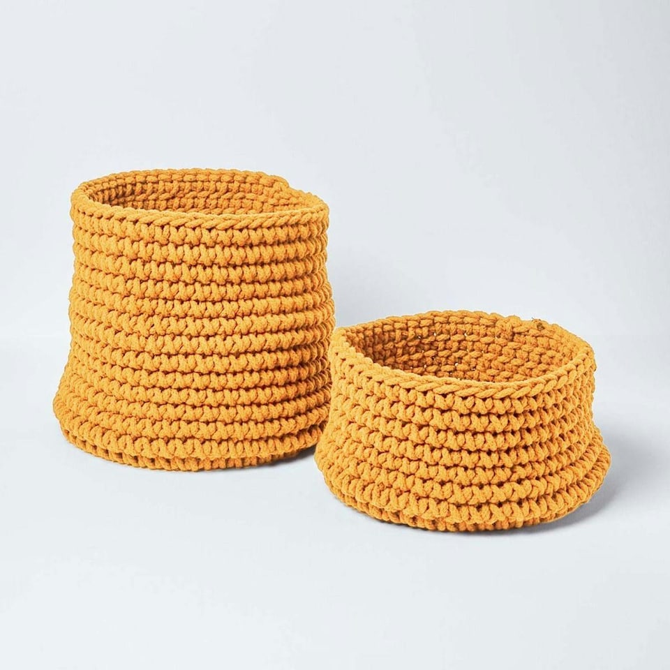 image 1 of Homescapes Yellow Cotton Knitted Round Storage Basket - 42 x 37 cm | Yellow | Yellow | L