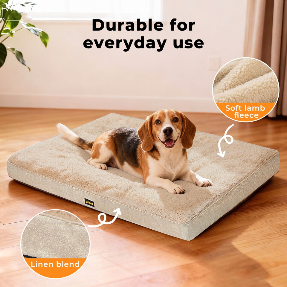 image 1 of Skylos Dog Bed Washable Pet Cushion Cage Mattress Crate Mat Non Slip Soft Fleece | Cream | M | M