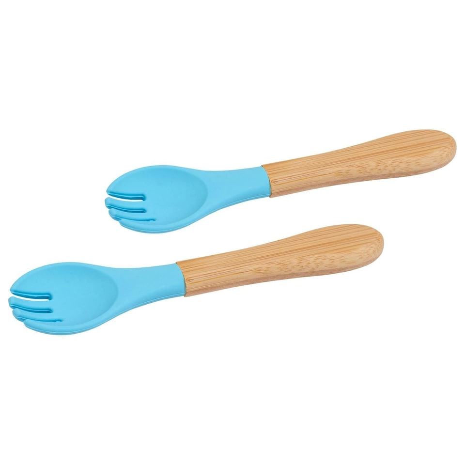 image 1 of Tiny Dining Bamboo Baby Weaning Forks with Silicone Tip - Blue - Pack of 2