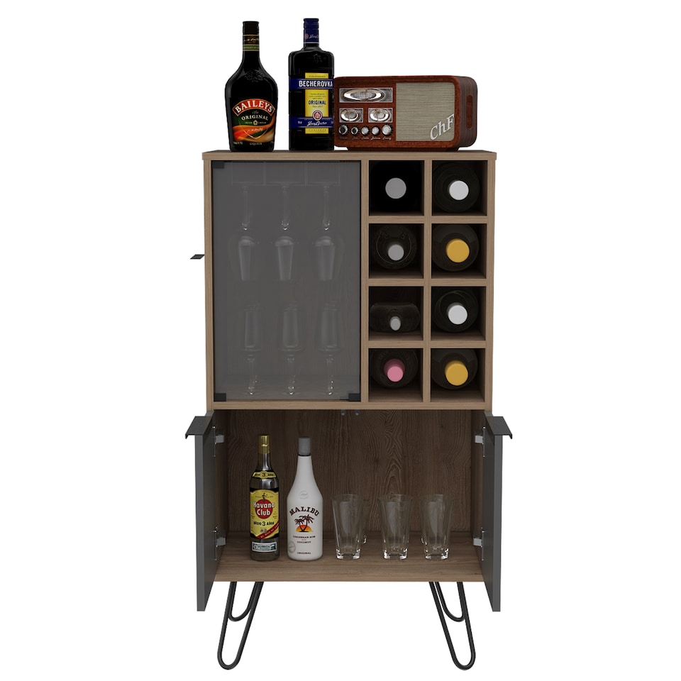 image 1 of Vegas Grey with Bleached Oak Effect Wine Cabinet - 2 Doors and 1 Glass Door with Push-Open Design | Brown | Brown | 1