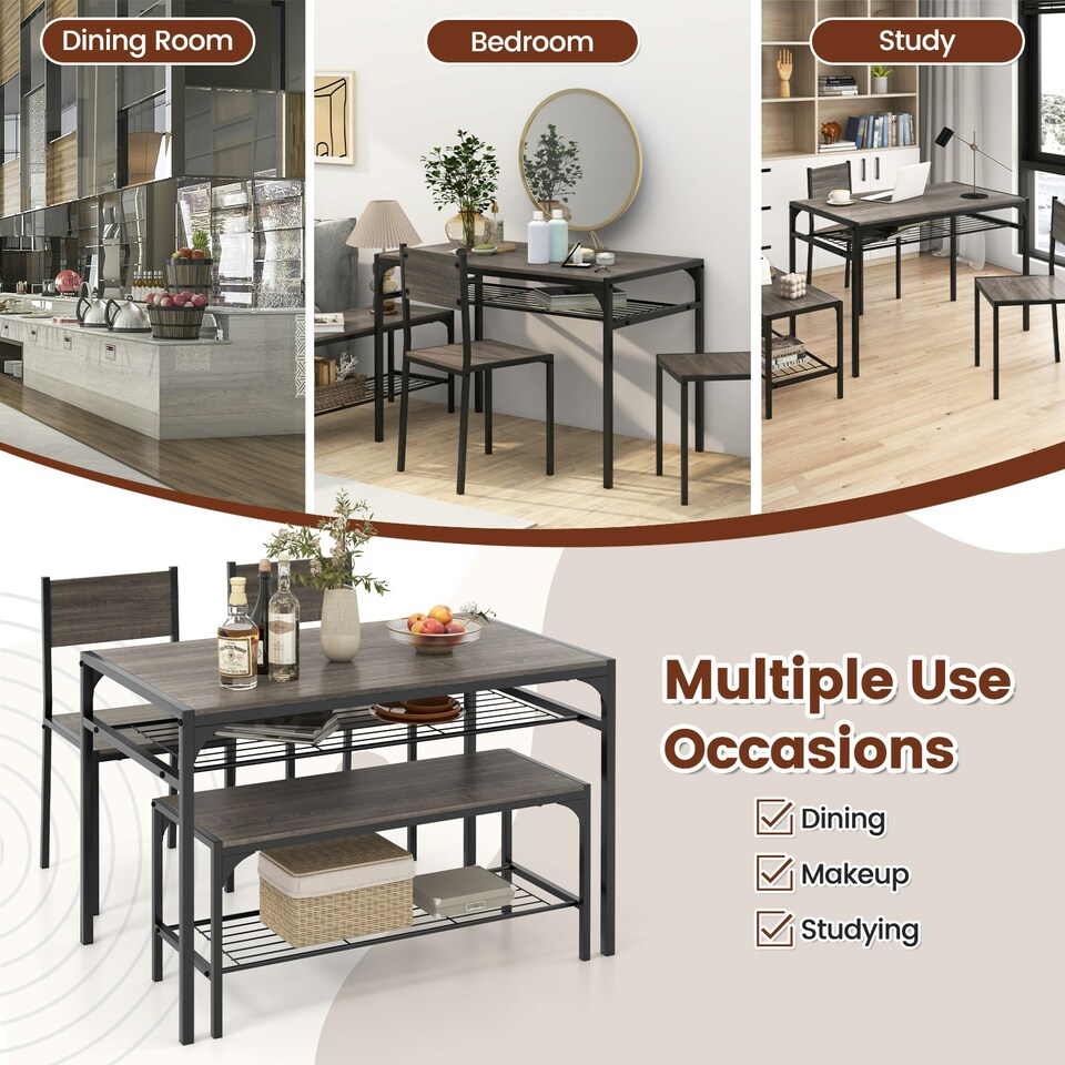 image 1 of COSTWAY 4-piece Dining Set Table with Chairs & Bench Grey Grey