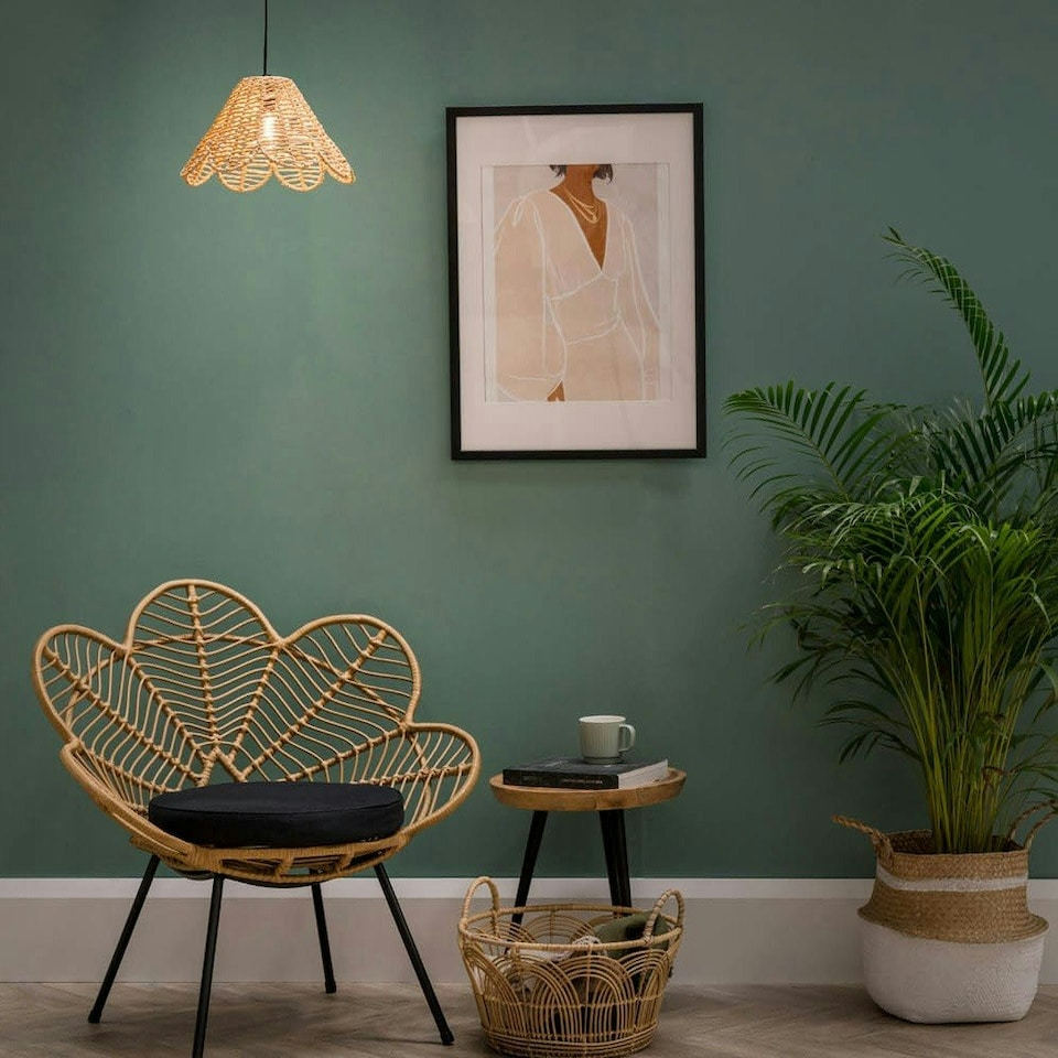 image 1 of ValueLights Easy Fit Natural Rattan Wicker Rattan Flower Scallop Edge Ceiling Pendant Light Shade + LED Bulb